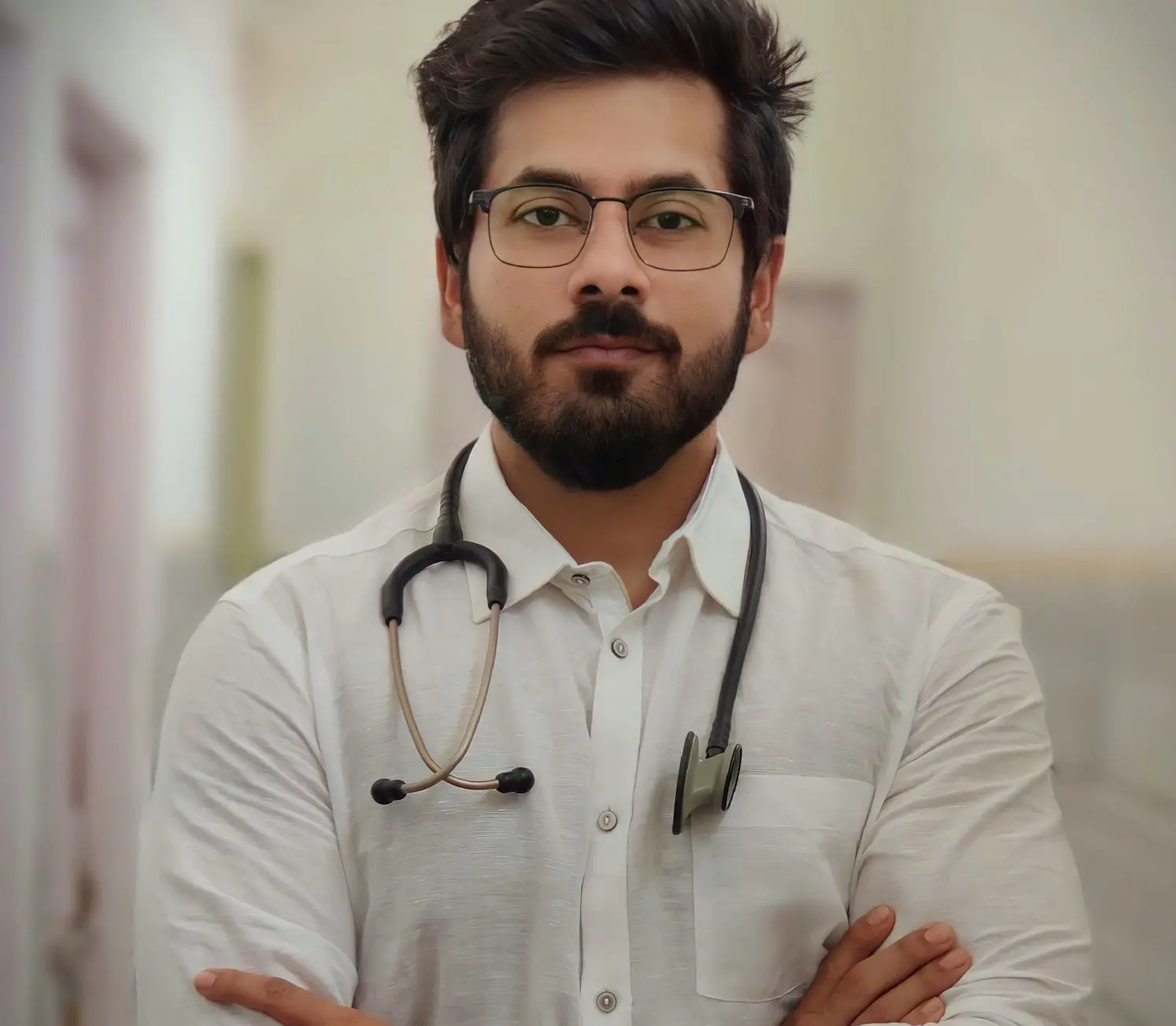 a man with a stethoscope standing with his arms crossed